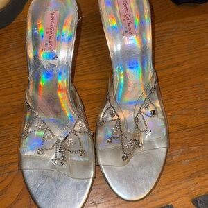 Brittney spears y2k princess party silver glam gem head tassel heels mule sandal